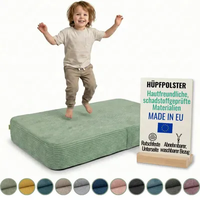 Produktbild von Pillows24 – Hüpfpolster für Kinder | Hüpfkissen 70x110x17 cm | Federn & Schaumstoff | Kindertrampolin für Zuhause | Hüpfmatte | abnehmbarem Cordbezug
