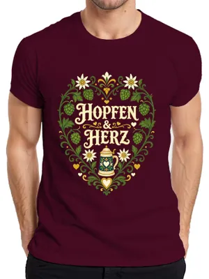 Produktbild von Hopfen & Herz Edelweiss Bierkrug Tracht Lederhose Herren T-Shirt, Burgundy, S