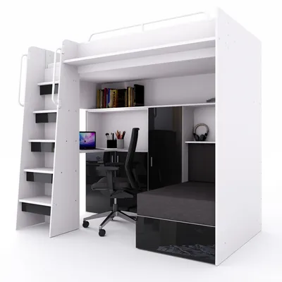 Produktbild von Marlux-Meble Hochbett JSM-7 90x200 TREPPE Links mit Schreibtisch Schränke und Ausklappbares Sofa 70x180 Hochglanz Funktionsbett Etagenbett Stockbett Kinderhochbett Jugendhochbett (Schwarz Glanz)