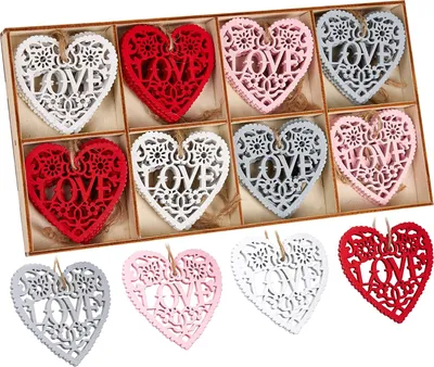 Zdjęcie produktu dla BRUBAKER 24 SZT. Zestaw dekoracyjnych zawieszek love - drewniane zawieszki serca ok. 6 cm - świąteczne zawieszki love - drewniane dekoracje na Walentynki, Boże Narodzenie lub dekoracje DIY - czerwone, białe i pastelowe kolory