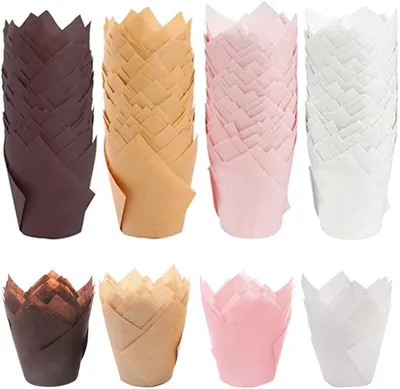 Produktbild von Papierförmchen für Cupcakes – Set mit 200 Stück – Muffinförmchen – Tulpenförmige Muffinhüllen – Zum Backen von Muffins – Cupcakes – 4 Farben