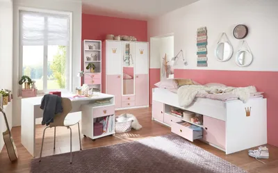 Produktbild von SUPERSET Jugendzimmer Cindy 5 teiliges Komplett- Set Prinzessinnen Zimmer mit Spiegelschrank, Funktionsbett, Schreibtisch, Rollcontainer und Regal