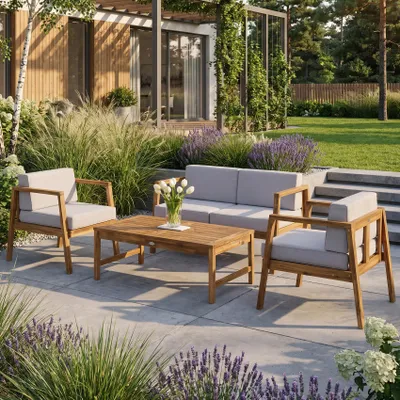 Produktbild von BEAUTYSOFA | VIKEN Gartenmöbel Set Akazienholz – Lounge Set mit Sofa, 2 Sesseln & Couchtisch, Holz Gartenmöbel, Terrassenmöbel, Balkonmöbel mit Kissen