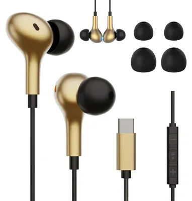 Imagen del producto de Auriculares con cable USB-C, auriculares intraaurales, auriculares con micrófono, color dorado