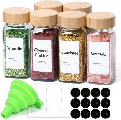 Imagen del producto de Juego de 6 recipientes de vidrio para hierbas, de 120 ml cada uno, con embudo, para la cocina