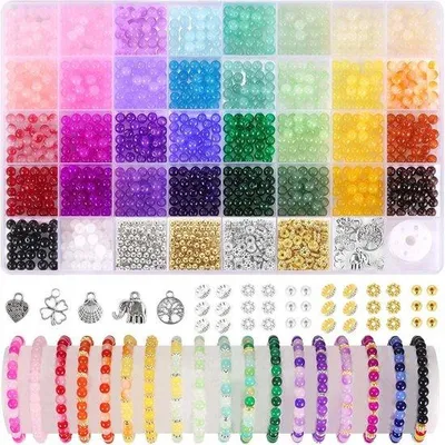 Immagine prodotto di Set di perline in vetro per braccialetti, perline in vetro effetto craquelé da 1435 x 6 mm per braccialetti fatti a mano, 34 colori, perline rotonde in cristallo con ganci e fermagli