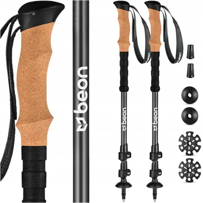 Zdjęcie produktu dla Kije trekkingowe z włókna węglowego Beon Carbon Black, wyposażone w system blokowania Safe Lock i rękojeści z korka