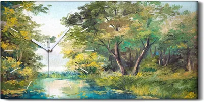 Produktbild von Küche Wohnzimmer Wand Leinwand Uhr 60x30 Ölgemälde Wald Wasser Bäume Himmel - weiße Hände