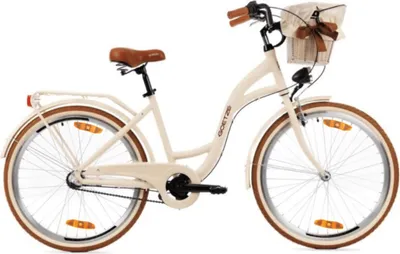 Zdjęcie produktu dla Rower miejski Goetze Style 26 cali, rama aluminiowa 43 cm, 3-biegowa przerzutka Shimano Nexus, hamulec nożny i hamulec typu V-brake, oświetlenie LED, bagażnik, kosz z rattanu z pokrowcem