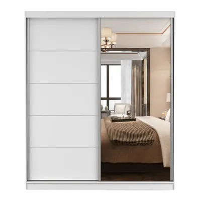 Produktbild von Schwebetürenschrank Kleiderschrank Bella 03, 183 cm, Weiß/Weiß, mit Spiegel
