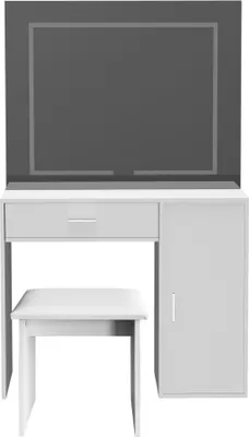 A white vanity table with a mirror and a stool, set against a white background.