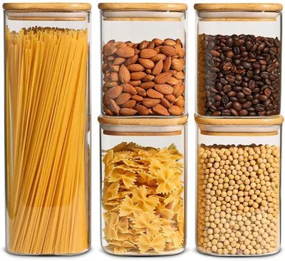 Image de Lot de 5 récipients carrés en verre, 800 ml à 2 100 ml, hermétiques, pour la cuisine
