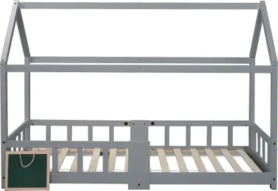 Produktbild von Merax Kinderbett 90x200cm mit Rausfallschutz und Lattenrost, Hausbett mit Tafel und Dach, Kieferholzbett Einzelbett Jugendbett, Grau