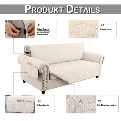 Produktbild von Sofa Bezug Wasserdicht 1/2/3-Sitzer Rutschfest Seitentaschen Band Silikonpunkt, Sofa Überzug Kratzfest,Sofaschoner Geometrisch (Beige,2-Sitzer)