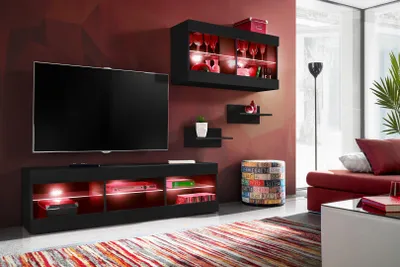 Obrázek produktu pro Nástěnná skříňka, Tivoli SET3, černá/černá, šířka 240 cm x výška 159 cm x hloubka 35 cm, LED RGB, do obývacího pokoje, ložnice