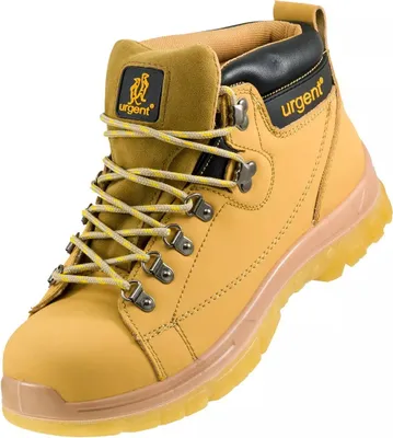 A single yellow work boot is shown against a white background.