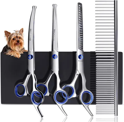 Imagen del producto de Tijeras para perros de acero inoxidable, set de cuidado 5 en 1, con puntas redondeadas para mayor seguridad, color azul, para el cuidado del pelaje