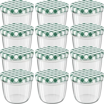 Produktbild von WELLGRO Einmachgläser mit Schraubdeckel - 230 ml, 8,5 x 6,5 cm (ØxH), Glas / Metall, grün karierte Deckel To 82, Gläser  Germany, verschiedene Mengen wählbar, Stückzahl:12 Stück