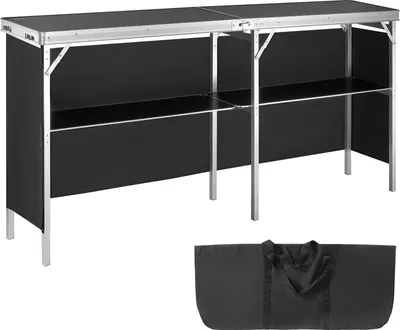Produktbild von Tragbare Messetheke Messetresen, 1980 x 385 x 880 m Messestand Ausstellungs-Thekenständer, Faltbarer Promotion-Bartisch Promotiontheke, Rezeptio mit Aufbewahrungsregal, Tragetasche, Schwarz