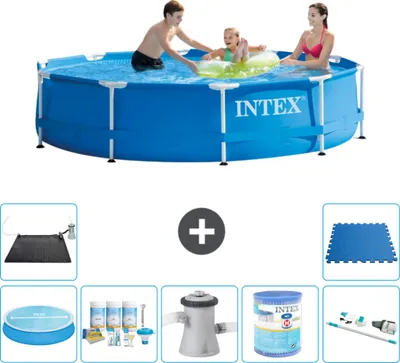 Produktbild von Intex-Schwimmbecken mit rundem Rahmen – 305 x 76 cm – Blau – im Lieferumfang enthalten Sonnensegel - Wartungspaket - Filterpumpe für Schwimmbad - Filter - Staubsauger - Solarmatte