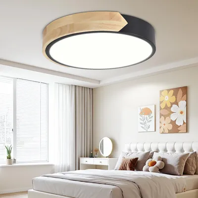 Zdjęcie produktu dla Ikodm LED – lampy sufitowe drewniane 30 cm, 48 W, z funkcją ściemniania i pilotem, okrągłe lampy do salonu w kolorze czarnym, 3000–6000 K