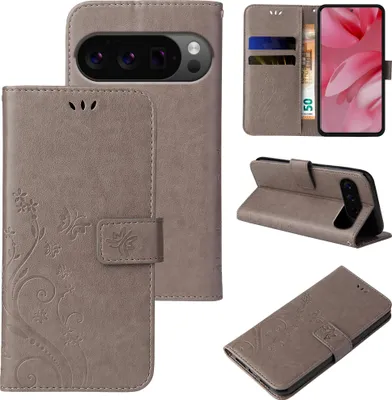 Produktbild von Handyhülle für Google Pixel 10 Pro Floral Blumen Schmetterling Flip Cover Hülle Case Klapphülle Handytasche Farbe: Grau