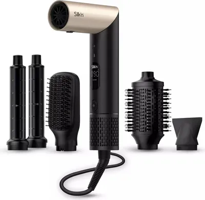 A multi-styling hair dryer with various attachments is displayed against a white background.