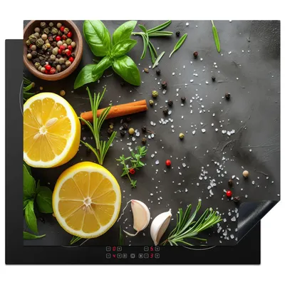 Obrázek produktu pro KitchenYeah® Kryt varné desky citron - bylinky - betonový vzhled, 58x51cm, dekorace do kuchyně, keramický kryt varné desky, krycí deska na varnou desku
