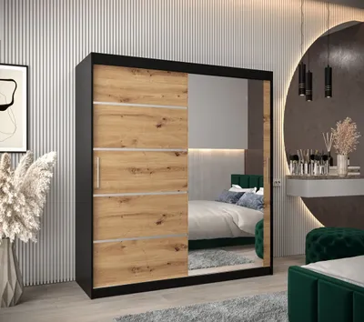 Produktbild von Spiegel-Kleiderschrank ADELA – 180 cm, schwarz / Eiche artisan