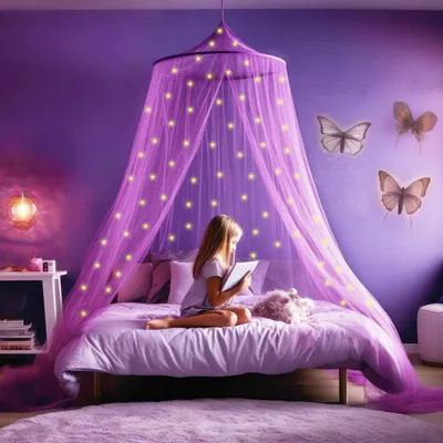 Produktbild von Lila Moskitonetz mit 67 Leuchtenden Sternen - Himmelbett für Kinderzimmer oder Erwachsene - Sternenhimmel Schleier und Bettzelt - Baby Mückennetz Dekoration