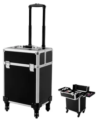 Produktbild von Kosmetikkoffer Trolley, großer Make-up Koffer mit Rollen, professioneller Rollkoffer für Kosmetik, abschließbarer Friseurkoffer, 24X34X47cm (Schwarz)