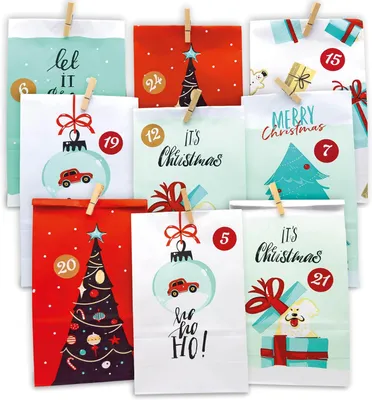 Productafbeelding van Adventskalender om te vullen - Extra groot en ondoorzichtig - 24 zakjes + 1 - 24 cijferlijm - 24 + 1 houten klemmen