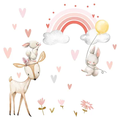 Produktbild von Wandtattoo fürs Kinderzimmer, Reh/Kaninchen | Wandbild 52 x 35 cm (B x H) | Regenbogen-Wandtattoo, Blumen, Spielzimmer, Mädchenzimmer, Kinderzimmerdekoration DL715