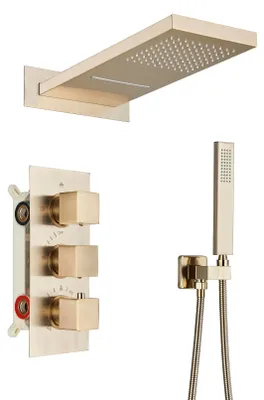 Zdjęcie produktu dla Zestaw baterii prysznicowej, 3-drogowy, z termostatem, nowoczesny design, złoto szczotkowane