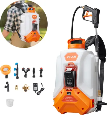 Immagine prodotto di Spruzzatore a batteria VEVOR, 16 litri, spruzzatore elettrico con 2 lance e 8 ugelli, regolabile da 0 a 6 bar, autonomia di 4 ore, spruzzatore portatile a zaino per cortile e giardino, ideale per diserbare, spruzzare e pulire