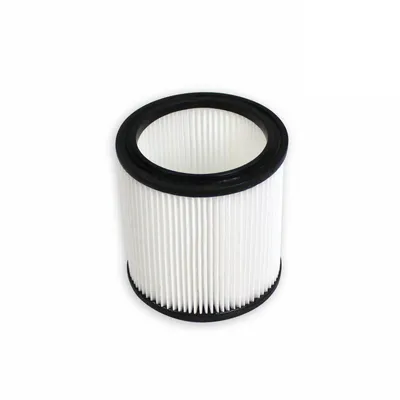 A round, pleated filter with a black rim on a white background.