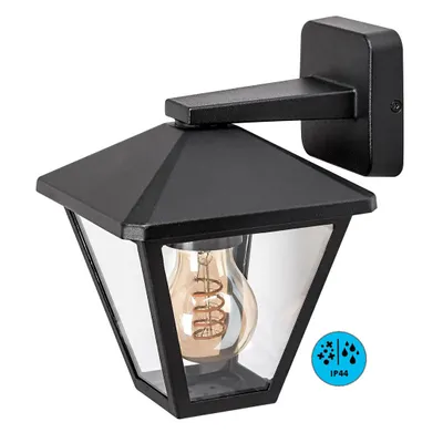 A black outdoor wall lamp with a glass enclosure and a visible light bulb, mounted on a white background.