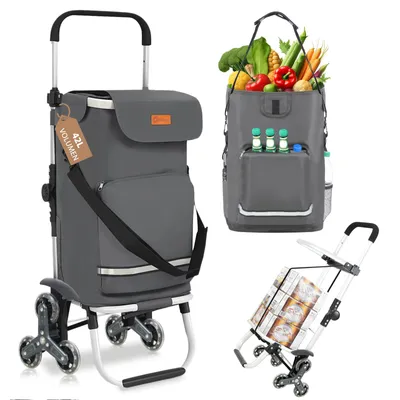 Produktbild von Sekey Einkaufstrolley Treppensteiger Klappbar Einkaufswagen mit Kühlfach Einkaufshilfe Trolley mit Spanngurt und höhenverstellbarem Griff, Grau