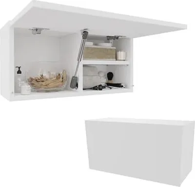 A white wall-mounted cabinet with its door open, revealing shelves and items inside.