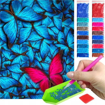 Produktbild von ARTULIO - Diamond Painting Set - Pinker Schmetterling vor blauem Hintergrund - 40 x 30 cm - Bilder DIY, Crystal Art, Home Wand Deko