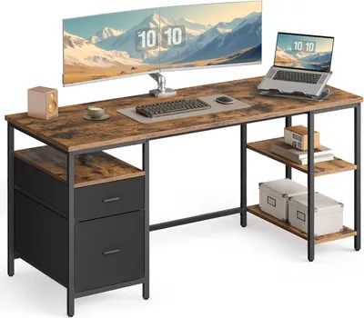 Produktbild von Computertisch, Bürotisch, Schreibtisch, mit 3 Ablagen, 2 Schubladen, 160 x 60 x 76 cm, fürs Büro, Wohnzimmer, Industrie-Stil, vintagebraun-schwarz