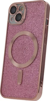 A pink glitter iPhone case with a rose gold metallic rim and MagSafe ring.