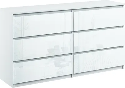 A white high-gloss dresser with six drawers.