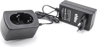A black battery charger and its power adapter are shown against a white background.
