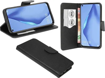 Produktbild von cofi1453® Buch Tasche "Fancy" kompatibel mit HUAWEI P40 LITE Handy Hülle Etui Brieftasche Schutzhülle mit Standfunktion, Kartenfach Schwarz