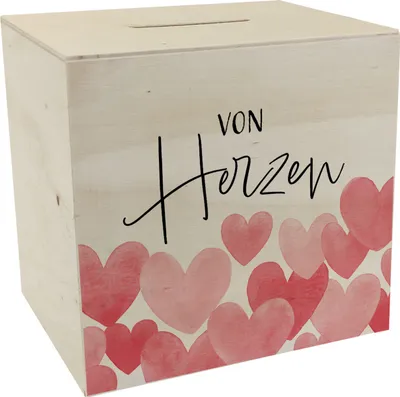 Produktbild von Herzen Spardose aus Holz mit Spruch Von Herzen