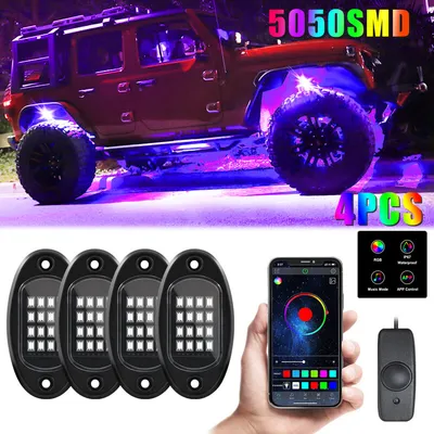 Image de (4 pods) RGB LED Rock Lights, 90 LEDs Multicolor Neon Underglow Light Kit d'éclairage musical étanche avec APP & contrôle RF pour Jeep Offroad Truck Auto ATV SUV Motorrad