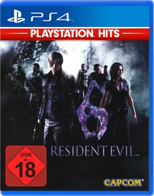 The image shows the front cover of a PlayStation 4 game case for Resident Evil 6, part of the 'PlayStation Hits' collection. It features characters from the game and the game's logo.