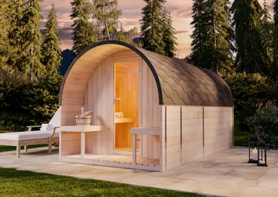 Produktbild von FinnTherm Fasssauna aus Holz ScandiPod Deluxe, Outdoor-Sauna mit Vorraum und Terrasse, Außensauna Garten 42 mm Wandstärke, Saunahaus 204 x 400 x 210 cm, natur