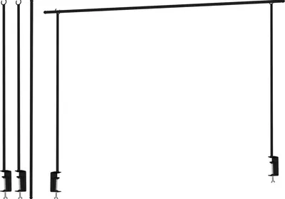 A black metal table decoration pole with clamps and hooks, set against a white background.
